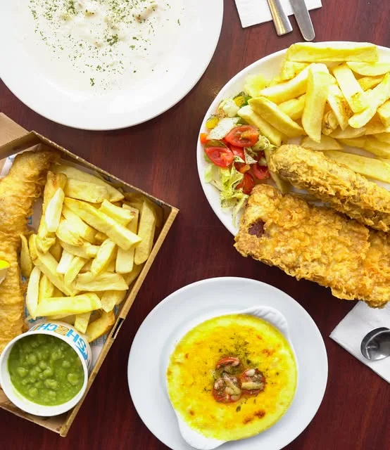 Fish and chips on a table